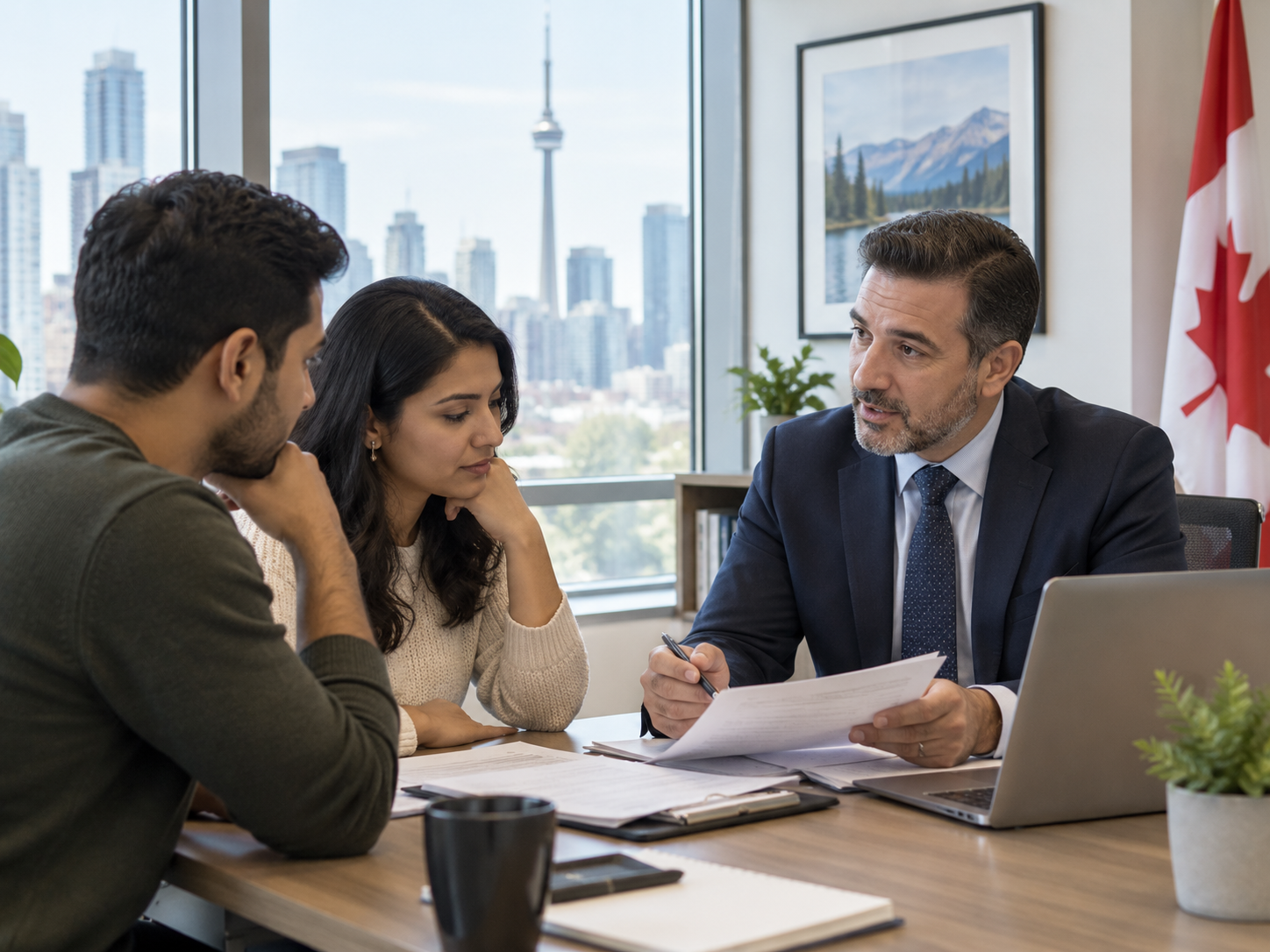 Professional immigration consultation meeting in a modern Canadian office