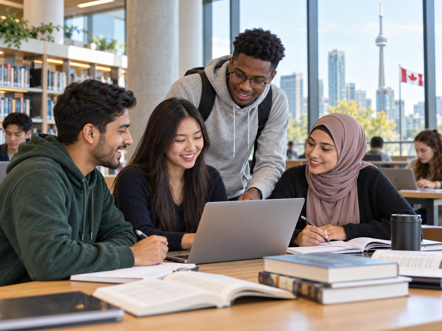 Adult students studying together in a bright Canadian library