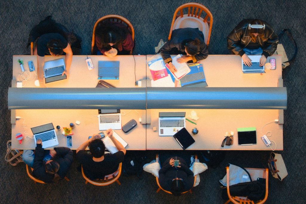 University students studying together in a Canadian library